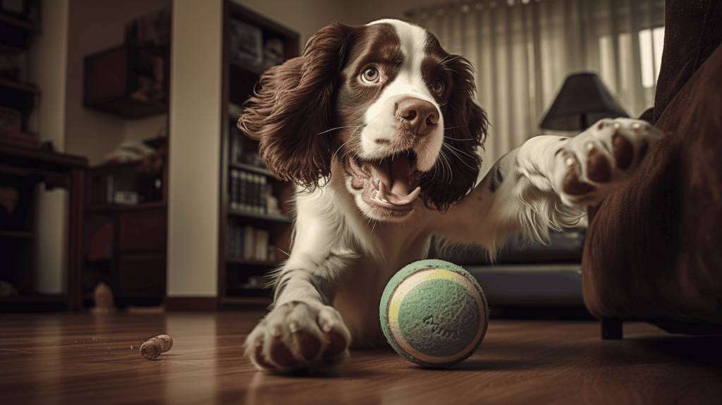 Springer Spaniel playing with toys